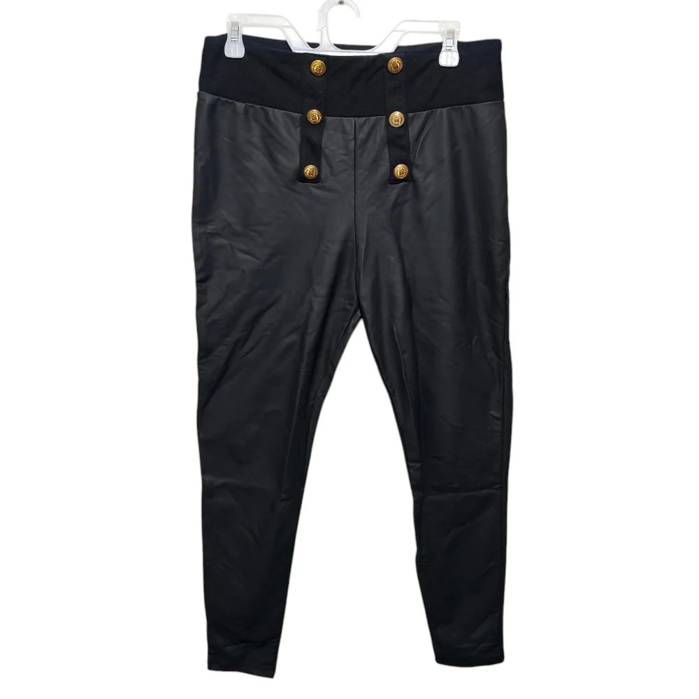 River Island High Rise Button Front Faux-Leather‎ Leggings Black Size US 10